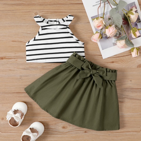 2st Baby Girl Stripe Ribbad Halter Neck Top och bältad solid kjol Set Armygreen 12-18Months