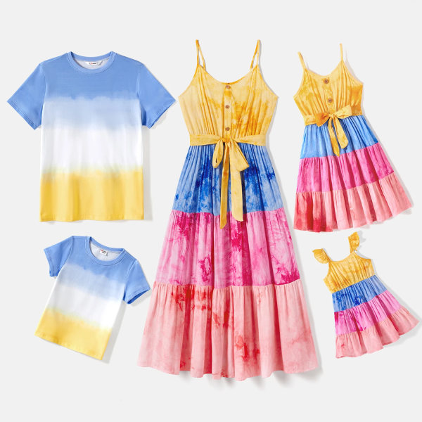 Familjematchande kläder Bomull Kortärmad Tie Dye T-shirts och Cami-klänningar med bälte Familjelooks Klädset Colorful Girl 6-7 Years