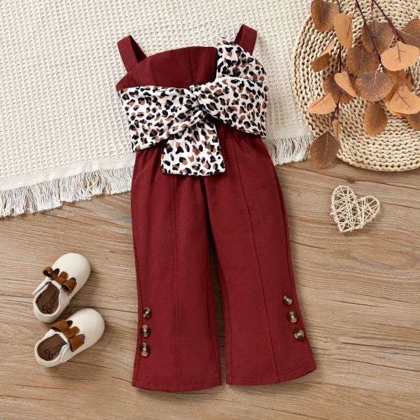 Denim Leopard Print rosett Dekor Ärmlös baby Burgundy 12-18Months