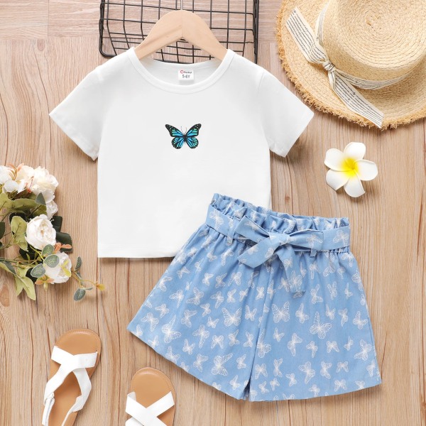 2st Kid Girl Butterfly Print kortärmad t-shirt och set med bälte Blue 6-7Years