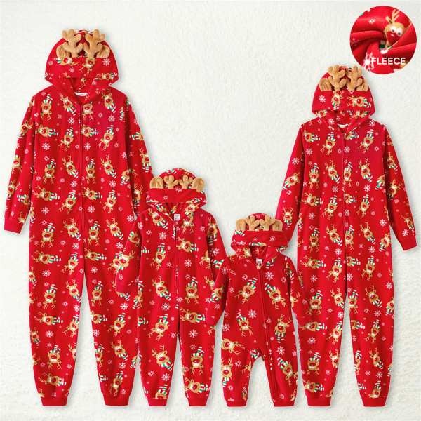 Julfamilj Matchande Allover Deer Print 3D Antler Hooded Långärmad Röd Förtjockad Polar Fleece Onesies Pyjamas Red-2 Baby6-9M