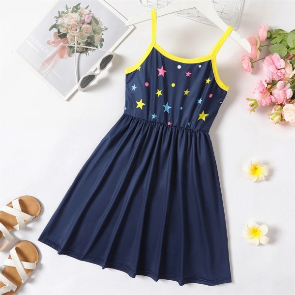 Kid Girl Unicorn Star Print Colorblock Slip Dress DarkBlue 10-11 Years