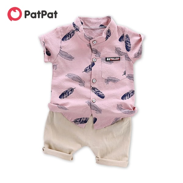 Newborn 2st Baby Boy Kläder 95 % bomull Kortärmad överallt print Button Up skjorta och solida shorts Set Barn Pink 6-9 Months