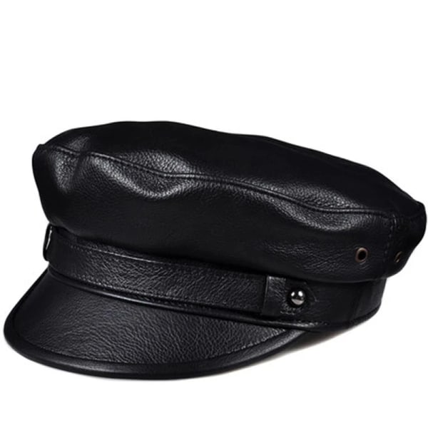 2023 Vinter Herr/Kvinnor Marinblå mössor i äkta läder Unisex European/American Streetwear Monterade svarta kepsar med skärp utomhus Gorro black 54 55 CM