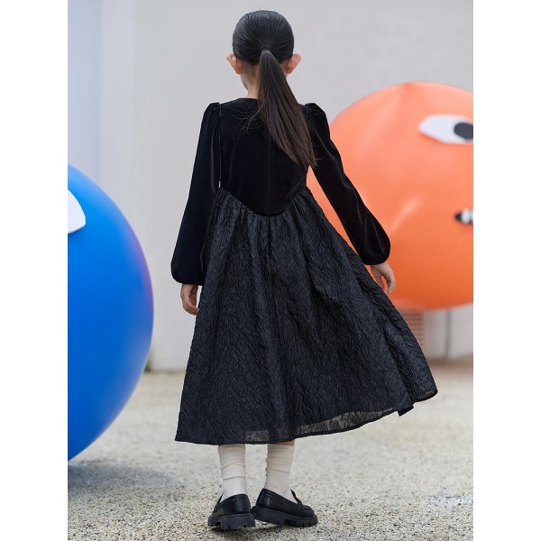 Barn 2023 Flickklänningar Höst Nytt Mode Skarvad Princess A-line Casual Barn Puff Sleeve Solid Black Klänning 22343014 apricot 150cm