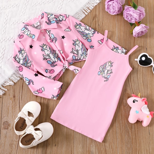 2st Toddler Girl Allover Unicorn Print Långärmad skjorta och Slip Dress Set Pink 3 Years