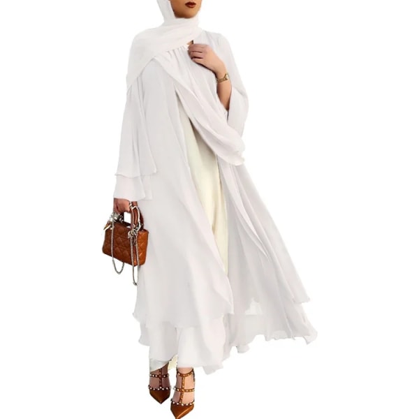 Ramadan Open Chiffong Abaya Dubai Kvinnor Sash Marocain Kaftan Eid Hijab Lång mantel Muslimsk mode Kläder Turkiet Vestido De Mujer Dress-white XXL