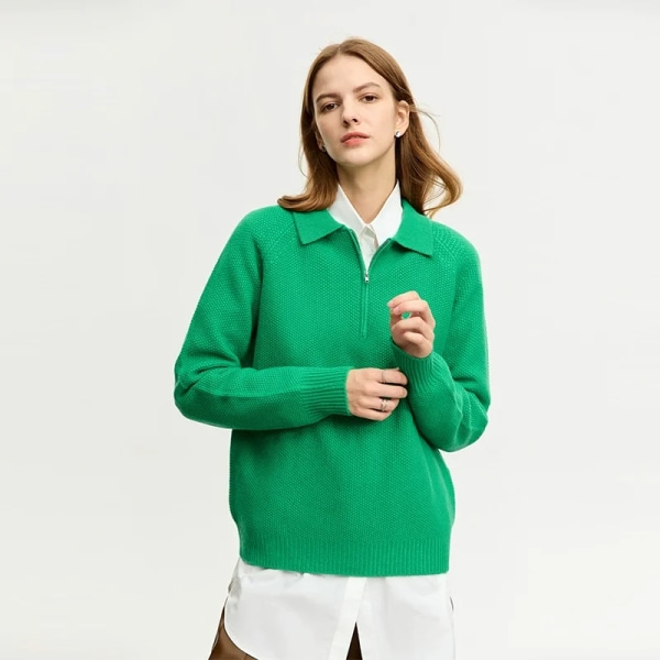 Minimalistisk stickad ylletröja Dam 2023 Vinter Ny Lös nedfällbar krage Dragkedja Halv Solid Cardigan Dam 12354042 green M