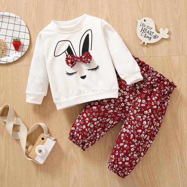 2st Baby Girl Rabbit Grafisk långärmad bomullströja och set med print Red 3-6Months