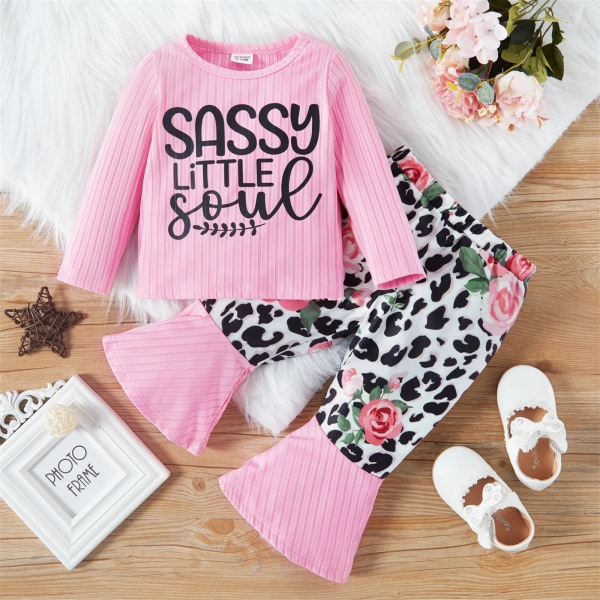 2st Baby Girl Print Rosa Långärmad Ribbstickad Topp med Leopard och Print Bottom Byx Set Pink 18-24 Month