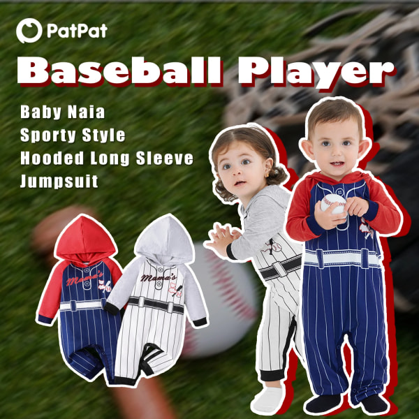 Baby pojke/flicka Naia Sportig stil baseballspelare långärmad jumpsuit med huva Red 12-18Months
