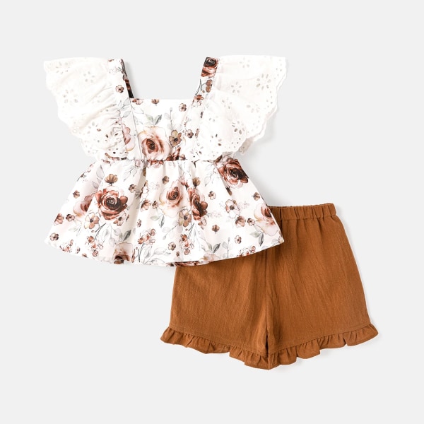 2st Baby Girl 100 % bomull massiva shorts och print med volangtopp set Khaki 3-6Months