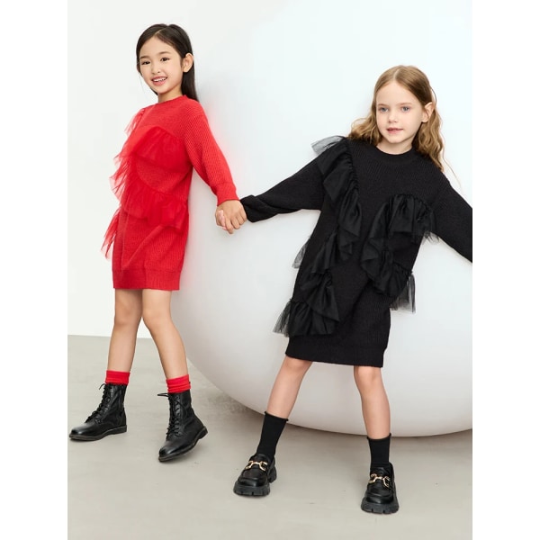 Barn 3-12 år Barnklänningar för flickor 2023 Höst Nya Solid Pullover Mesh Skarvad A-Line Helärmad Tröja Klänning 22323009 black 150cm