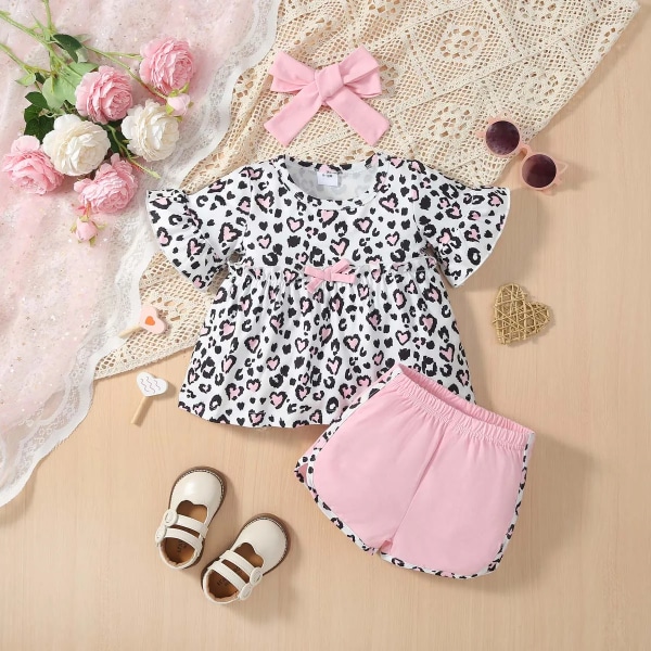 3st Baby Girl Leopard Mönster Rufsig Top & Shorts & Pannband Set Pink 3-6Months