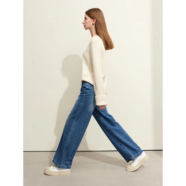 Hong Kong Style Jeans med vida ben för kvinnor 2023 Höst Ny Vintage Casual Lös bomull veckade raka byxor Byxa 72323005 Denim Blue M