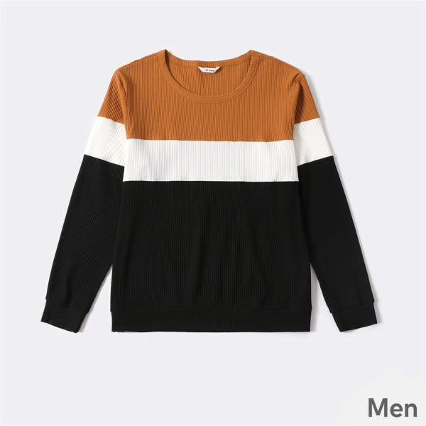 Familjematchande långärmade Colorblock Ribbade Toppar Khaki Women L