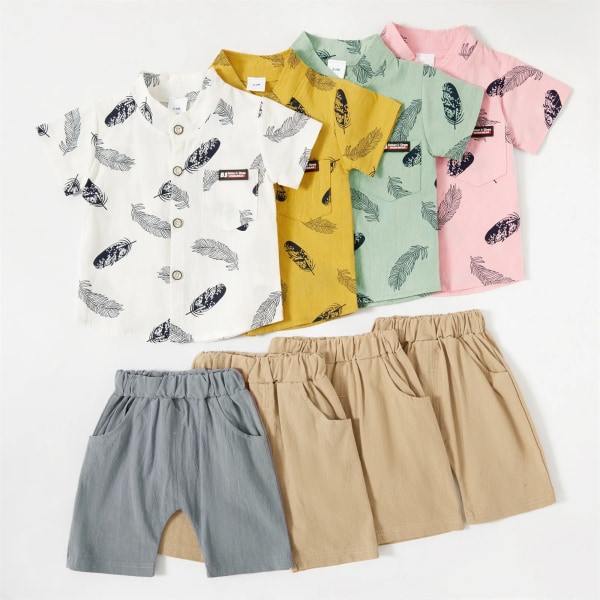 Newborn 2st Baby Boy Kläder 95 % bomull Kortärmad överallt print Button Up skjorta och solida shorts Set Barn Blue 18-24 Months