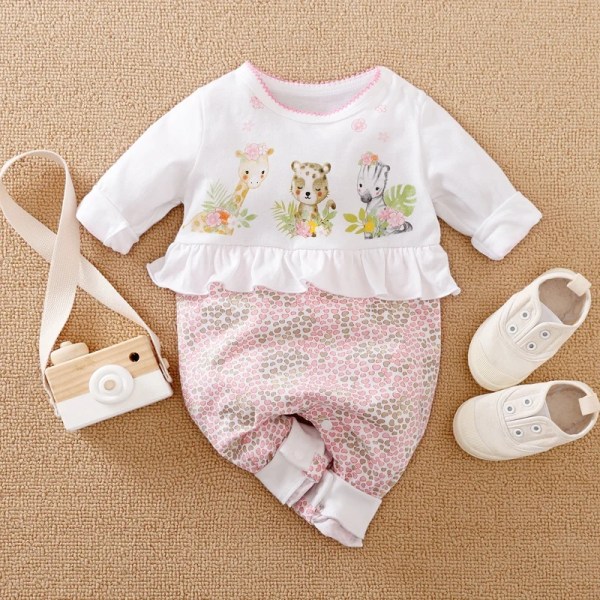 Sommar Baby Flickkläder Giraffe Zebra Print Toddler Jumpsuit Ett stycke 0-12M Nyankomst white 9-12 Months