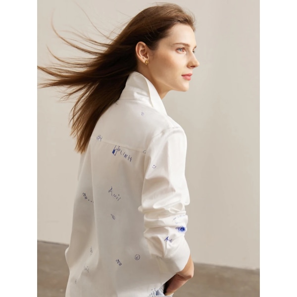 Minimalism 2023 Vårens nya vita skjortor & blusar Långärmad 100 % bomull Damskjorta Printed damkläder 12371067 white S