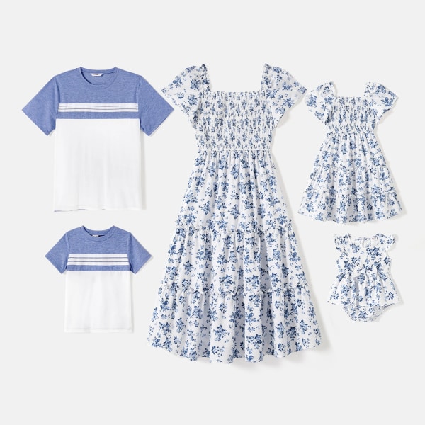Familjematchande outfits Allover Blommigt print Rynkade klänningar och kortärmade Colorblock T-shirts Set BLUEWHITE Women S