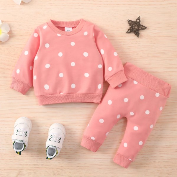 Sweatshirts för barn 2st Baby Boy Kläder Nyfödda All Over Polka Dots Långärmad pullover och byxa set Pink 3-6 Months