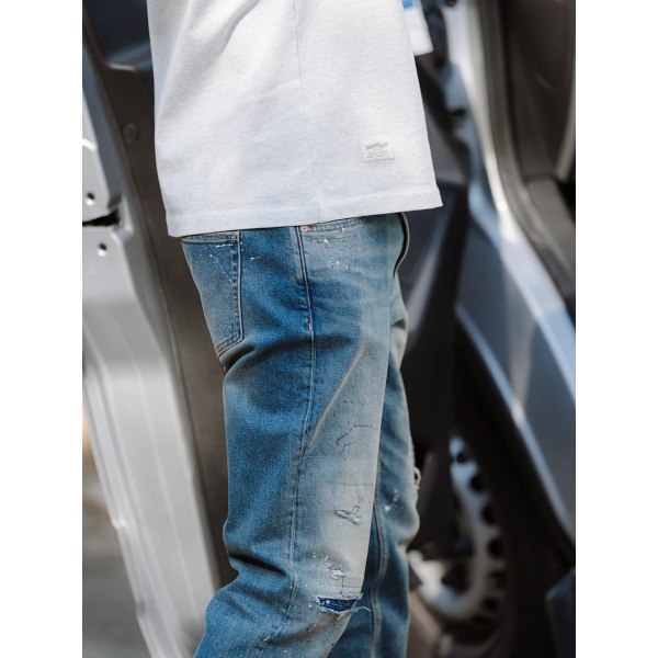 High Standard 2023 Vår Sommar Ny 14 Oz Ripped Patchwork Vanliga raka jeans Herrmode Vintage jeansbyxor Vintage Blue 34 REC 80.5-85KG