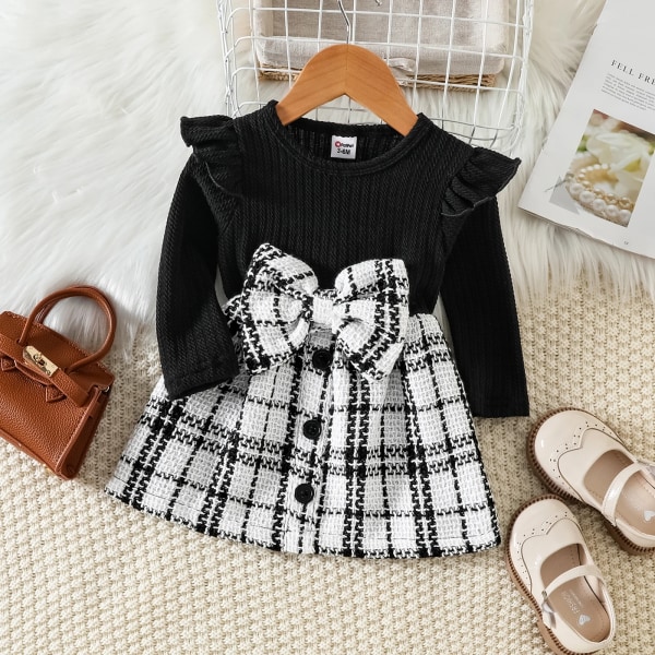 Klänning Baby Girl Kläder Solid Ribbstickad Volang Långärmad Skarvad Tweed Bow Front Festklänningar Black 6-9Months
