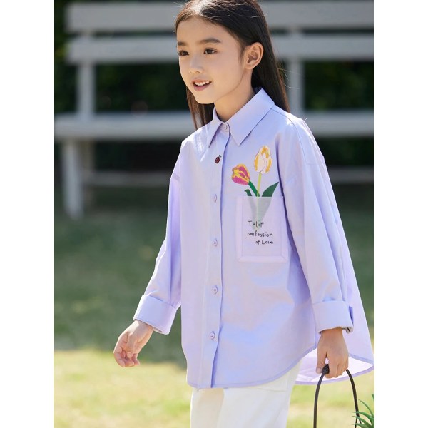 Långärmade barnskjortor för flickor 2023 vår bomullsskjorta Printed barn Lös blus Vita toppar 22371014 Purple 120cm