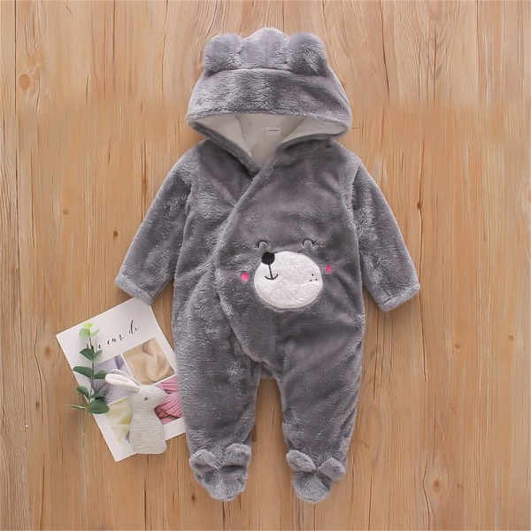 Bear Design Fleece Hooded Footed/footie Långärmad Baby Jumpsuit Grey 12-18 Months