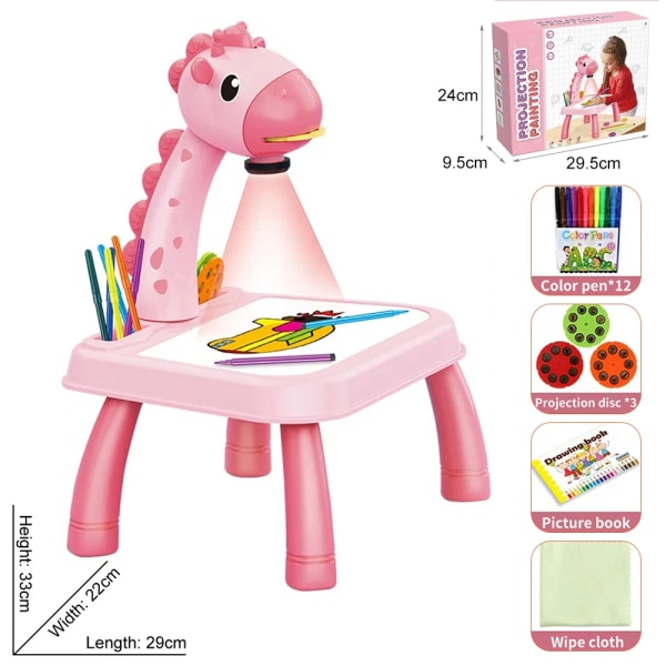 LED-projektor ritbräda för barn barn måla bord skrivbord Montessori pedagogisk lärande skrivplatta för pojkar flickor Pink Giraffe