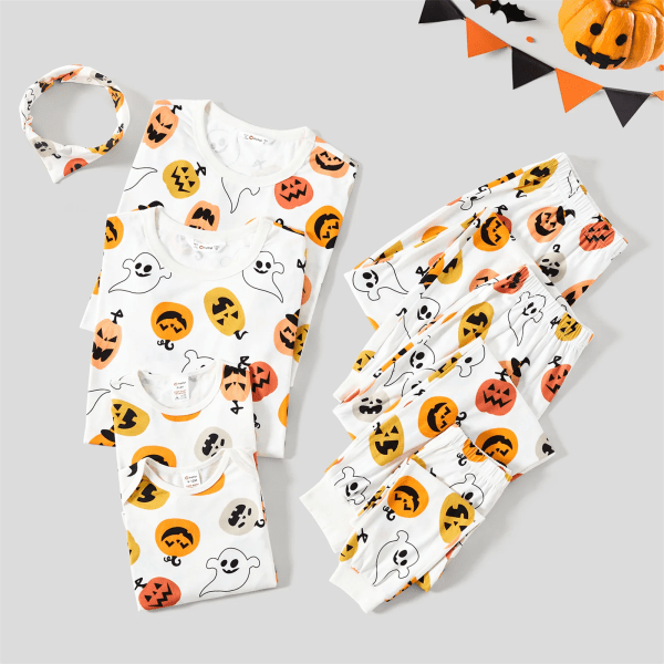 Halloween-familjsmatchande pyjamasset för pumpa och print (flammsäker) White Kids 6-7 Years