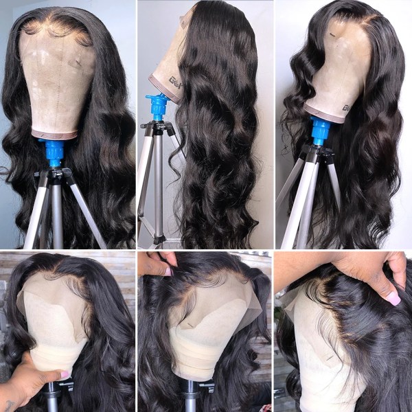 Brazilian 360 Transparent Människohår Spets Peruk Body Wave Frontal Peruk för Svarta Kvinnor Lösvatten Vågigt Spets Front Människohår Peruk 18inches 4x4 Lace Wig