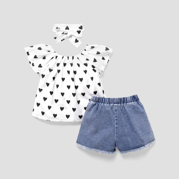 3 st Toddler Girl Heart Print Kortärmad blus och jeansshorts & set Pink 3Years