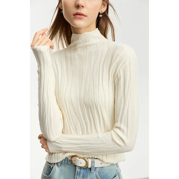 Minimalistisk 2023 Vinter Nya Tröjor För Dam Enkel Solid Mock Neck Art Oregelbunden Ull Hög Elastisk Slim Pullover 12324064 white L