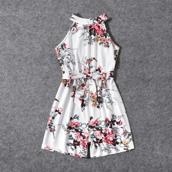 Print blommönster Vit Halter Neck Off Shoulder Bälted Romper Shorts för mamma och mig White Women M