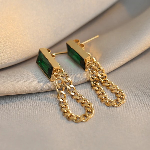 Mode rektangel grön kristall rostfritt stål kedja tofs örhängen halsband armband för kvinnor flicka lyx set gåva earrings