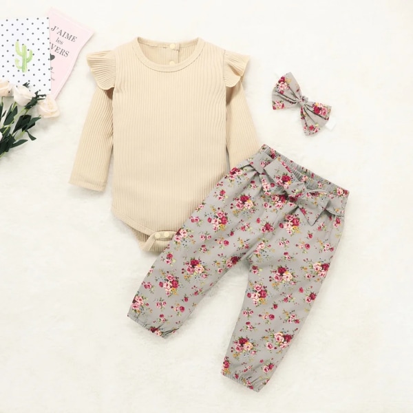 Nyankomst 2021 vår och höst Baby Girl Solid långärmad bodysuit och blommönster med print Baby Khaki 0-3 Months