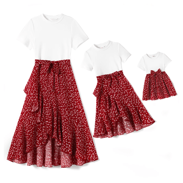 Mamma och jag skarvade print med volang i tulpanfåll Kortärmade klänningar Burgundy Girl 6-7 Years