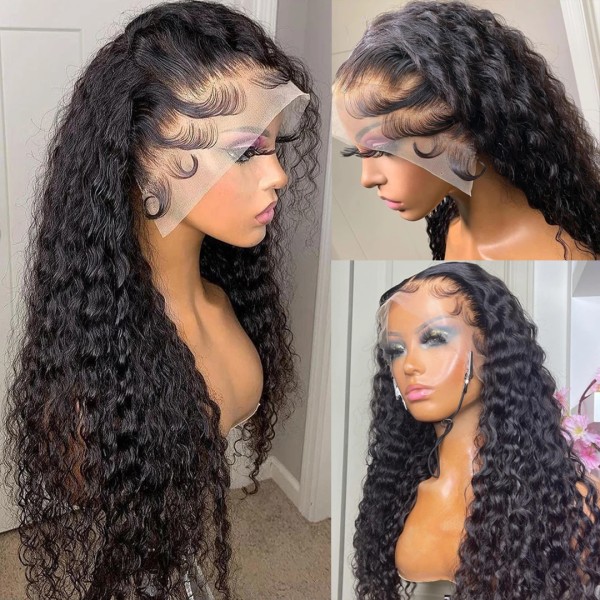 Brasiliansk Transparent 13x4 360 HD Frontal Peruk Vatten Lockig Spets Front Människohår Peruk Deep Wave Spets Frontal Peruk Förplockade 24inches 13x4 HD Frontal Wig