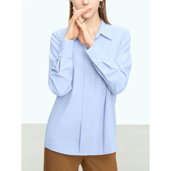 Minimalistiska skjortor och blusar för kvinnor 2023 Höstnya Commuter Basics Turn-down krage Skarvad Enkel långärmad topp 12323018 black L