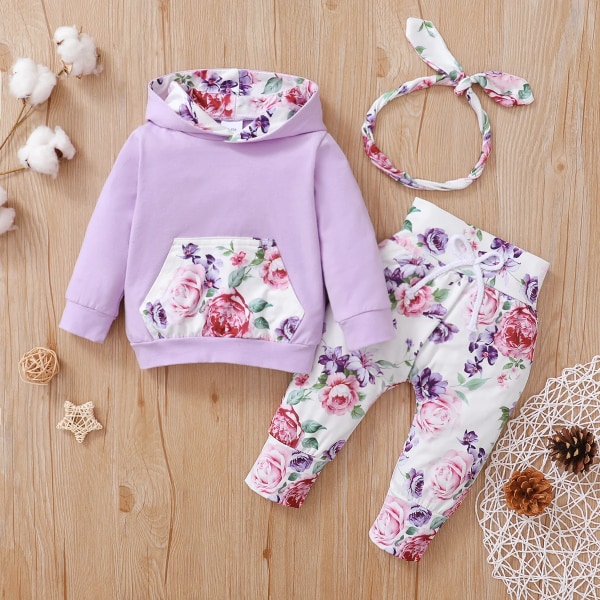 3st Baby Girl Kläder 95% bomull Långärmad hoodie och blommiga print med pannband Baby Set Light Purple 0-3 Months