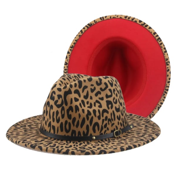 Fedora Dammössor Leopardröda Patchworkhattar för män Hip Hop Street Vintage Leopardmönster Fedora Damhatt Sombreros De Mujer big brim 9.5cm black 56-58cm