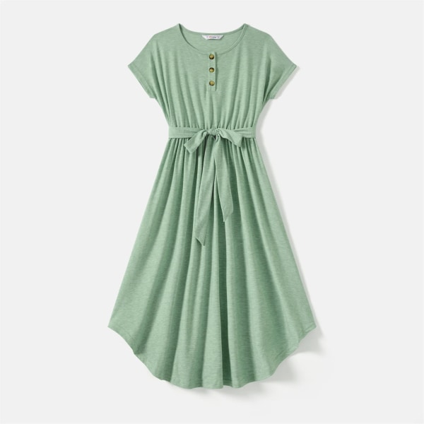 Matchande kläder för familjen Rejäla kortärmade klänningar med bälte och randiga Colorblock T-shirts-set Green Women M