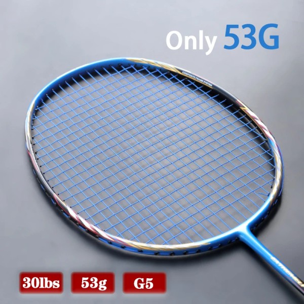Professionellt lättaste 10U 53G badmintonracket 100% kolfiber Raqeut 20-30LBS G5 med strängväskor för vuxensport Blue