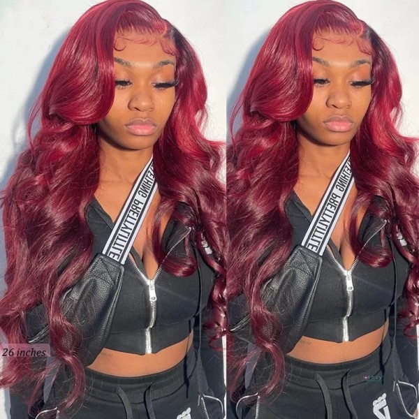 Burgundy Wine 99J Red Glueless Body Wave V Del 100% Människohår För Kvinnor U-form Peruk 30 tum Lös vågig hel maskintillverkad peruk 130density 14inches