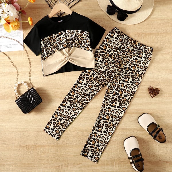 2st Kid Girl Leopard Print Twist Kortärmad T-shirt och byxor Set Black 6-7Years