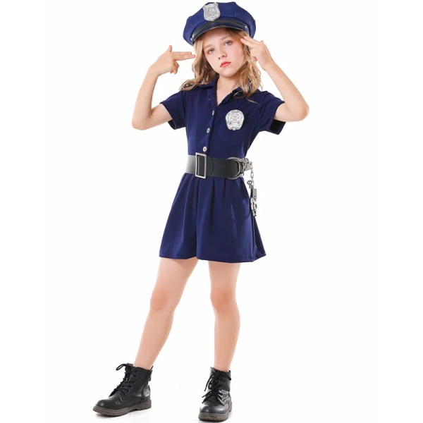 Barn Barn Lovely Blue Police Cosplay Kostym Uniform för flickor Jobb Sysselsättning Rollspel Fantasia Halloween kostymer M(height 110-125cm)