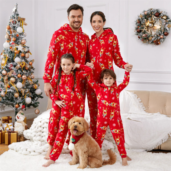 Julfamilj Matchande Allover Deer Print 3D Antler Hooded Långärmad Röd Förtjockad Polar Fleece Onesies Pyjamas Red-2 WomenL