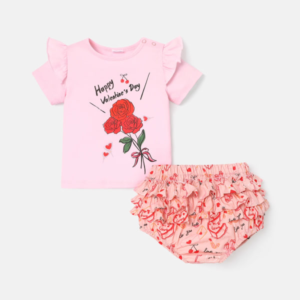 2st Baby Girl 100 % bomull kortärmad rosé grafisk t-shirt och print Layered volanger Shorts Set pink- 9-12Months