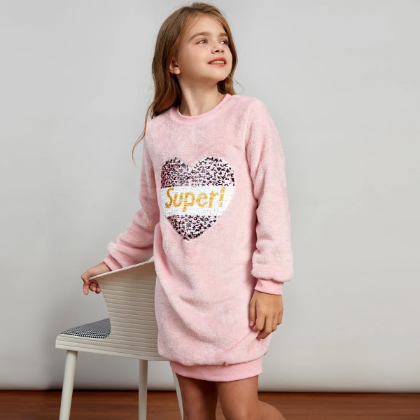 Kid Girl Flip Paljett Brev Hjärtmönster Rosa Sweatshirt Dress Pink 9-10 Years